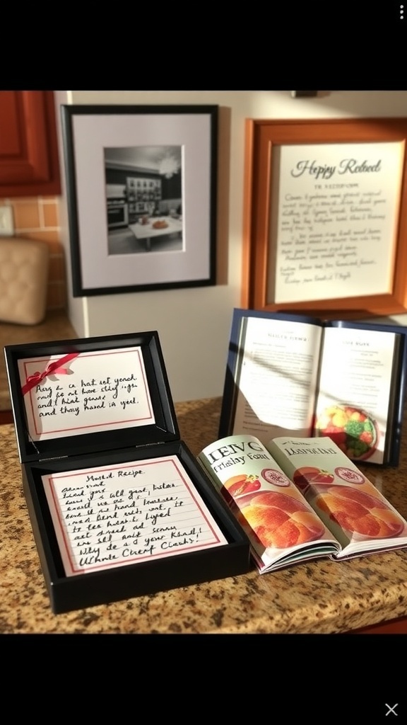 Creative Recipe Keepsake Ideas A display of recipe keepsakes including a handwritten recipe card, a framed recipe, and a personalized cookbook on a kitchen counter.